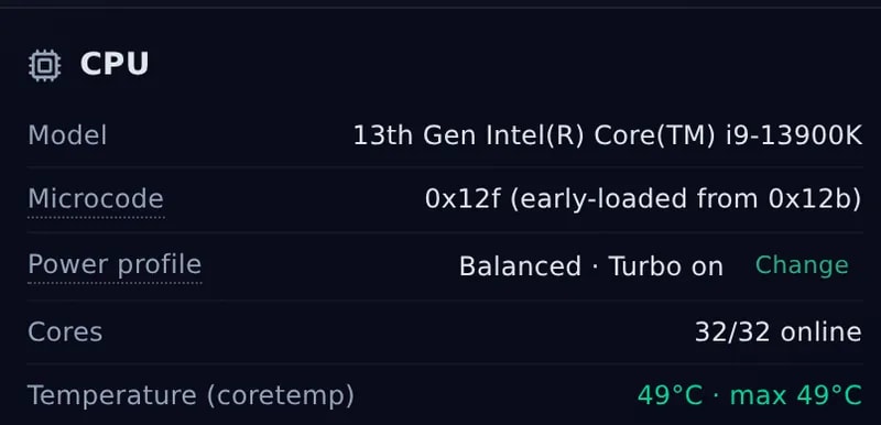 Hardware health: processor model, cores online, power profile and temperature