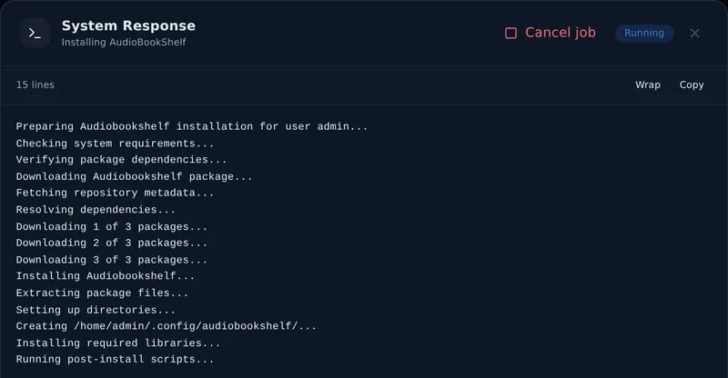 An install job streaming its log, with a Cancel job control: downloading packages, setting up directories and running post-install scripts