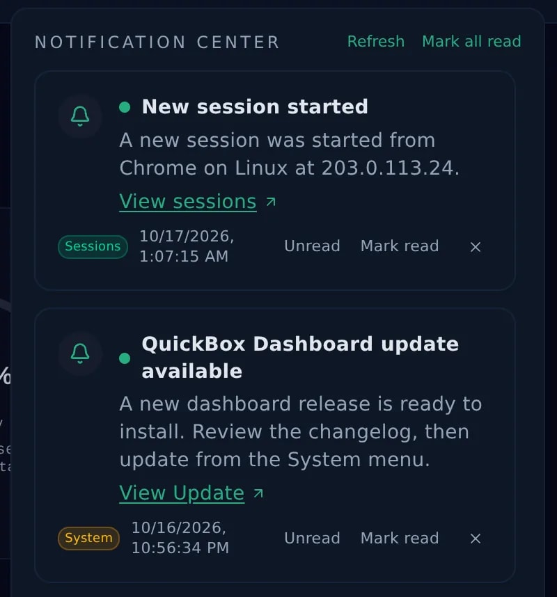 Notification center: recent events and a dashboard update notice