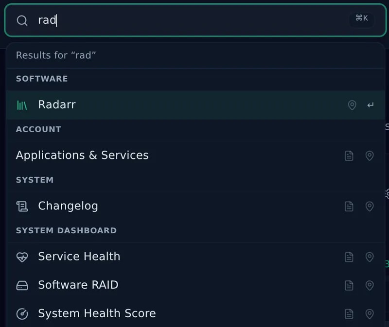 Ctrl+K search: an app first, then account, system and dashboard pages