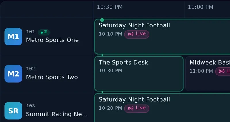 Guide grid: channels with programmes by time, the ones airing now marked Live
