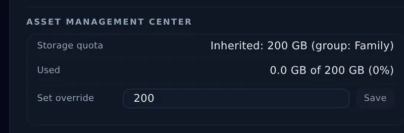 A user's storage quota, inherited from their group, with a per-user override