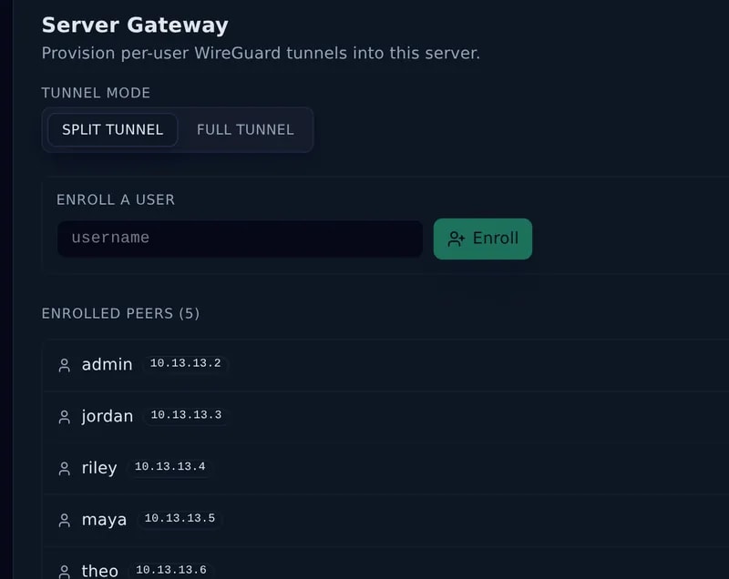 Server Gateway: split or full tunnel, and the users enrolled as peers