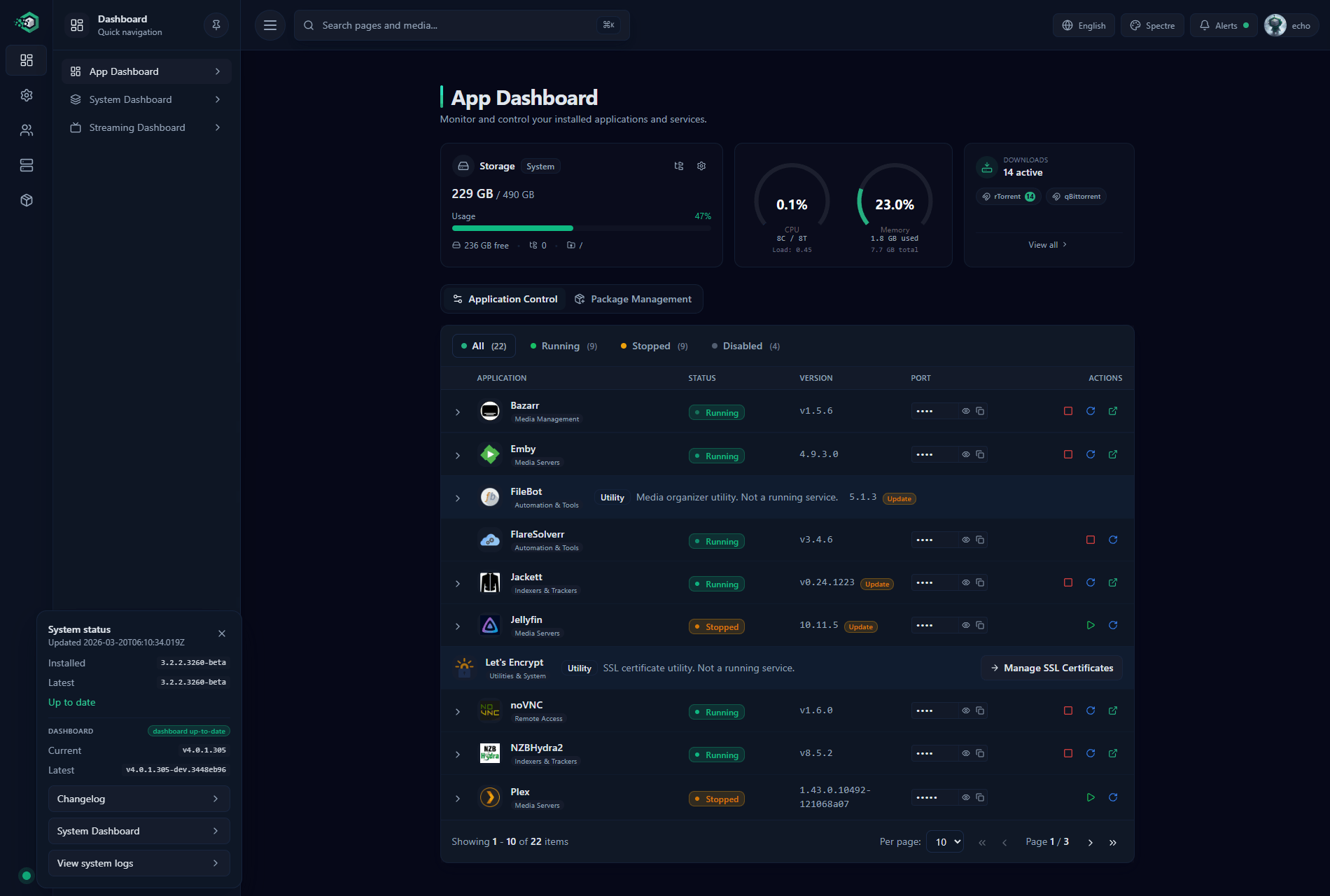 Application Control — manage running services and monitor health