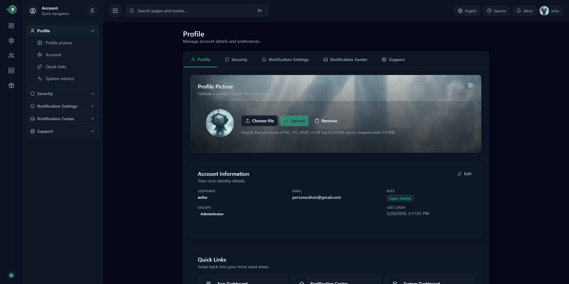 Profile Page — account details and personalization