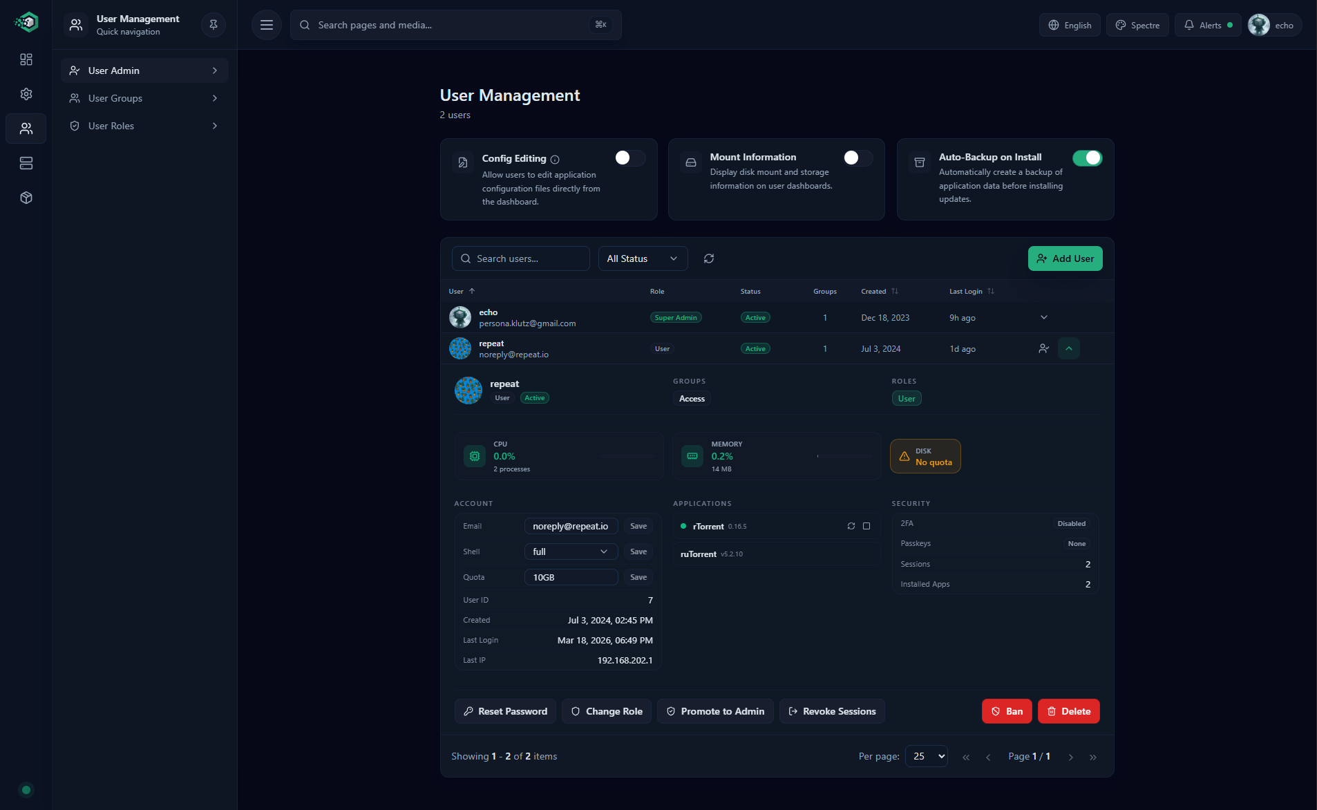 User Administration — account management and quotas
