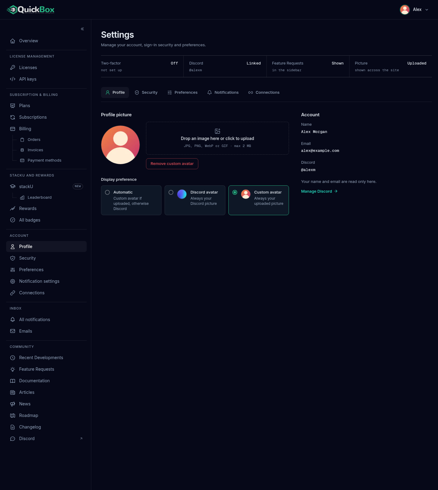 The Settings page on the Profile tab, with the Account status band across the top, the five settings tabs beneath it, the Profile picture card on the left and the Account card on the right.