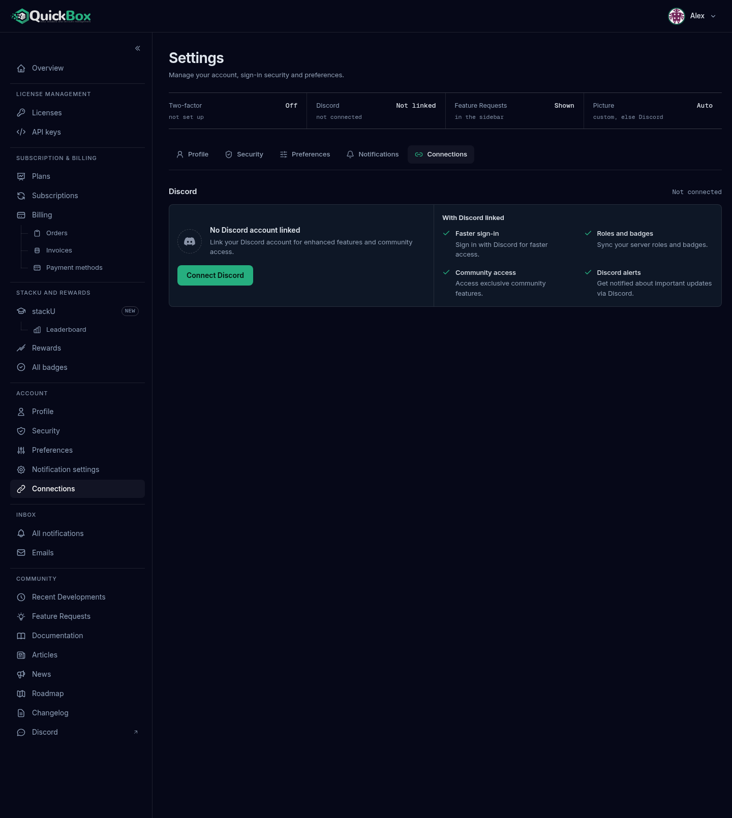 The Connections tab with the Discord section reading Not connected, a card saying No Discord account linked with a Connect Discord button, and a With Discord linked panel listing four benefits.