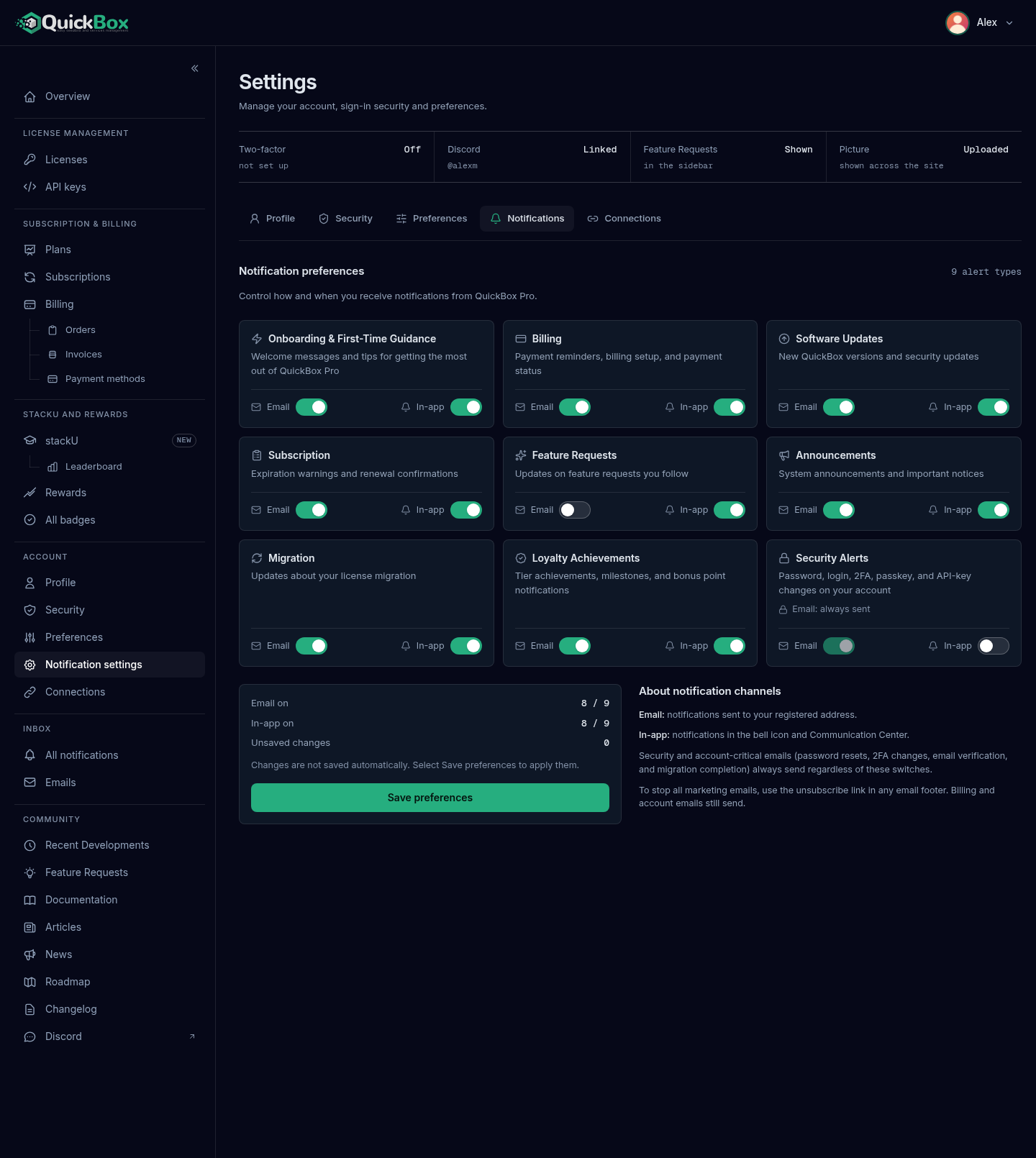The Notifications tab of the Settings page with nine alert tiles in a grid, each with an Email switch and an In-app switch, and below them the Save preferences panel with its counts beside the About notification channels notes.