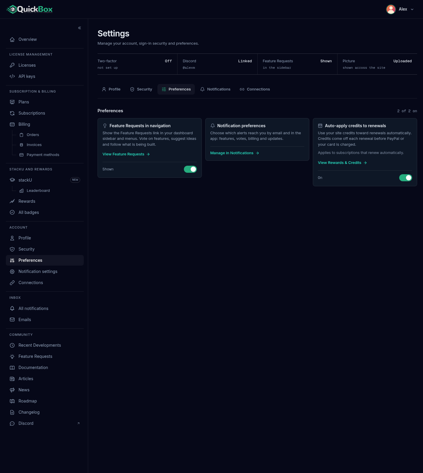 The Preferences tab of the Settings page with three tiles: Feature Requests in navigation with a switch, Notification preferences with a Manage in Notifications link, and Auto-apply credits to renewals with a switch.