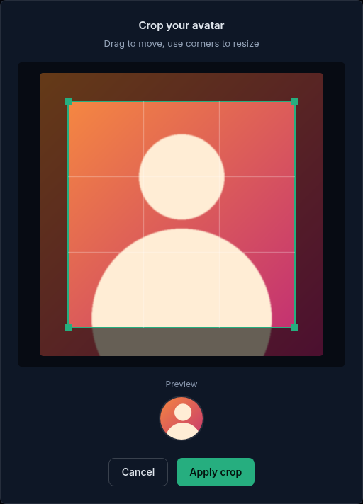 The Crop your avatar window, showing the selected image with a square crop box and grid, a round preview and the Cancel and Apply crop buttons.