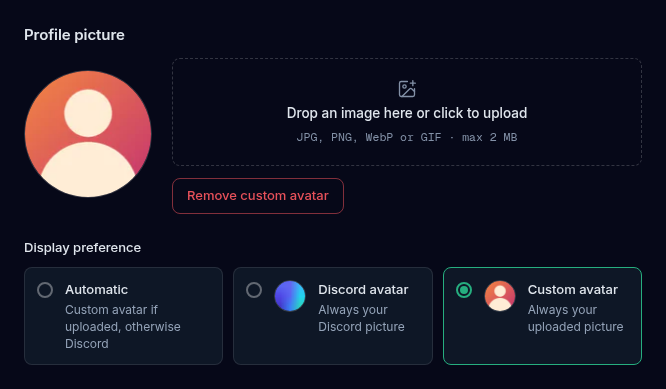 The Profile picture card with an uploaded picture, the Remove custom avatar button and the Display preference choice with Automatic, Discord avatar and Custom avatar options.