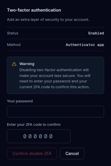 The Two-factor authentication section with two-factor enabled, showing the warning about disabling it, the password and code fields and the Confirm disable 2FA and Cancel buttons.