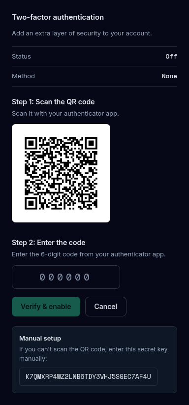 The Two-factor authentication section during set-up, showing Step 1 with a QR code, Step 2 with the six-digit code box and the Verify and enable and Cancel buttons, and the Manual setup box with the secret key.
