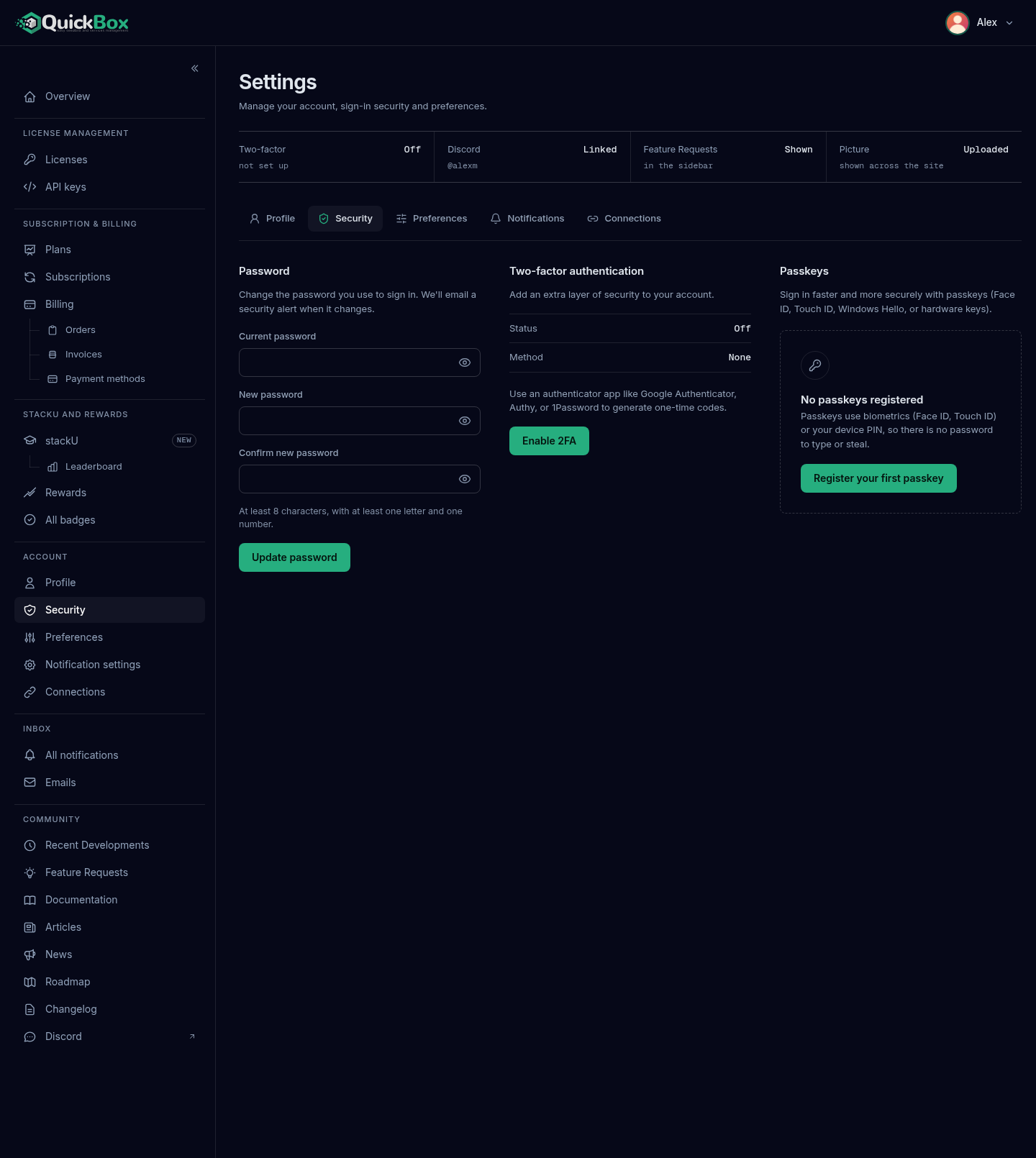 The Security tab of the Settings page showing three sections side by side: Password with its three fields, Two-factor authentication with its status and Enable 2FA button, and Passkeys with an empty state.