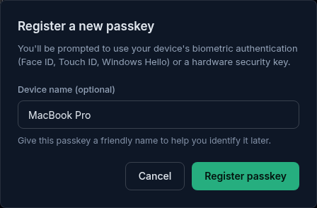 The Register a new passkey window, with a device name typed in the optional Device name field and the Cancel and Register passkey buttons.