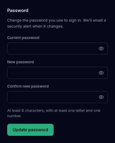 The Password section with the Current password, New password and Confirm new password fields, the password rule hint and the Update password button.