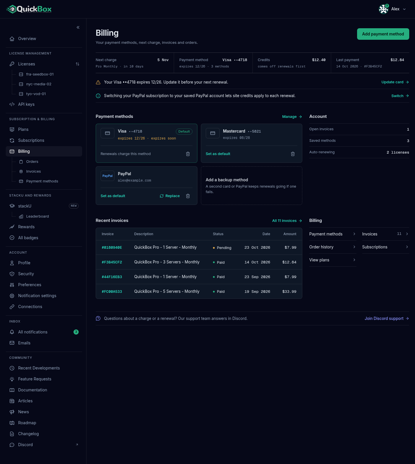 The Billing page with the four-cell summary band across the top, two Needs attention lines, the Payment methods section with two card tiles, a PayPal tile and an Add a backup method tile, the Account readouts on the right, and the Recent invoices table below.