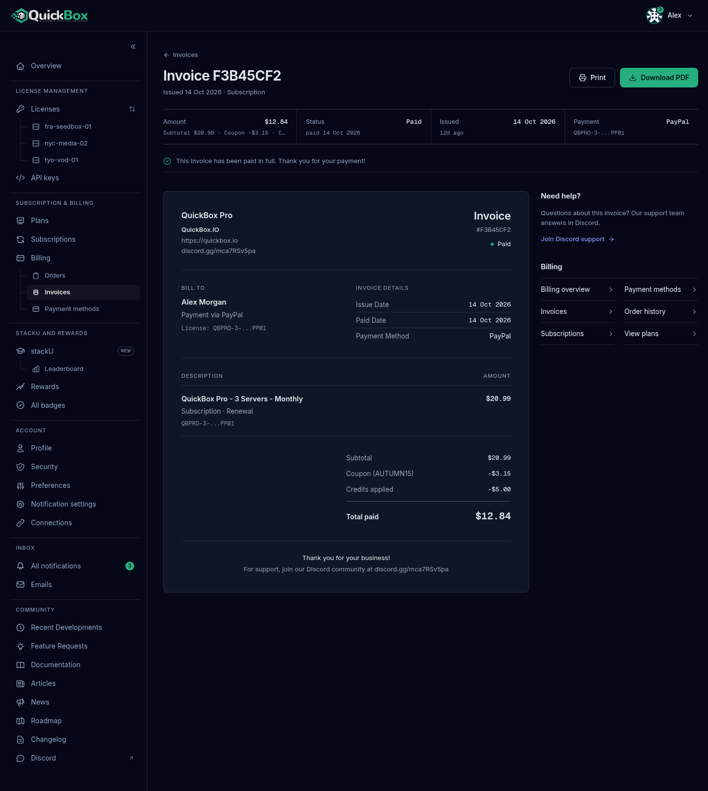 A paid invoice page with the Amount, Status, Issued and Payment readouts, the Print and Download PDF buttons, and the invoice sheet with Bill To, Invoice Details and the line items.