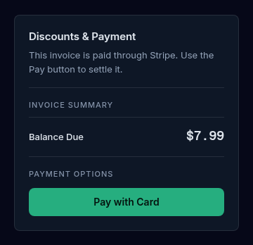 The Discounts and Payment panel on a pending invoice that Stripe collects: the note to use the Pay button, the Invoice Summary with the Balance Due, and a Pay with Card button under Payment Options.