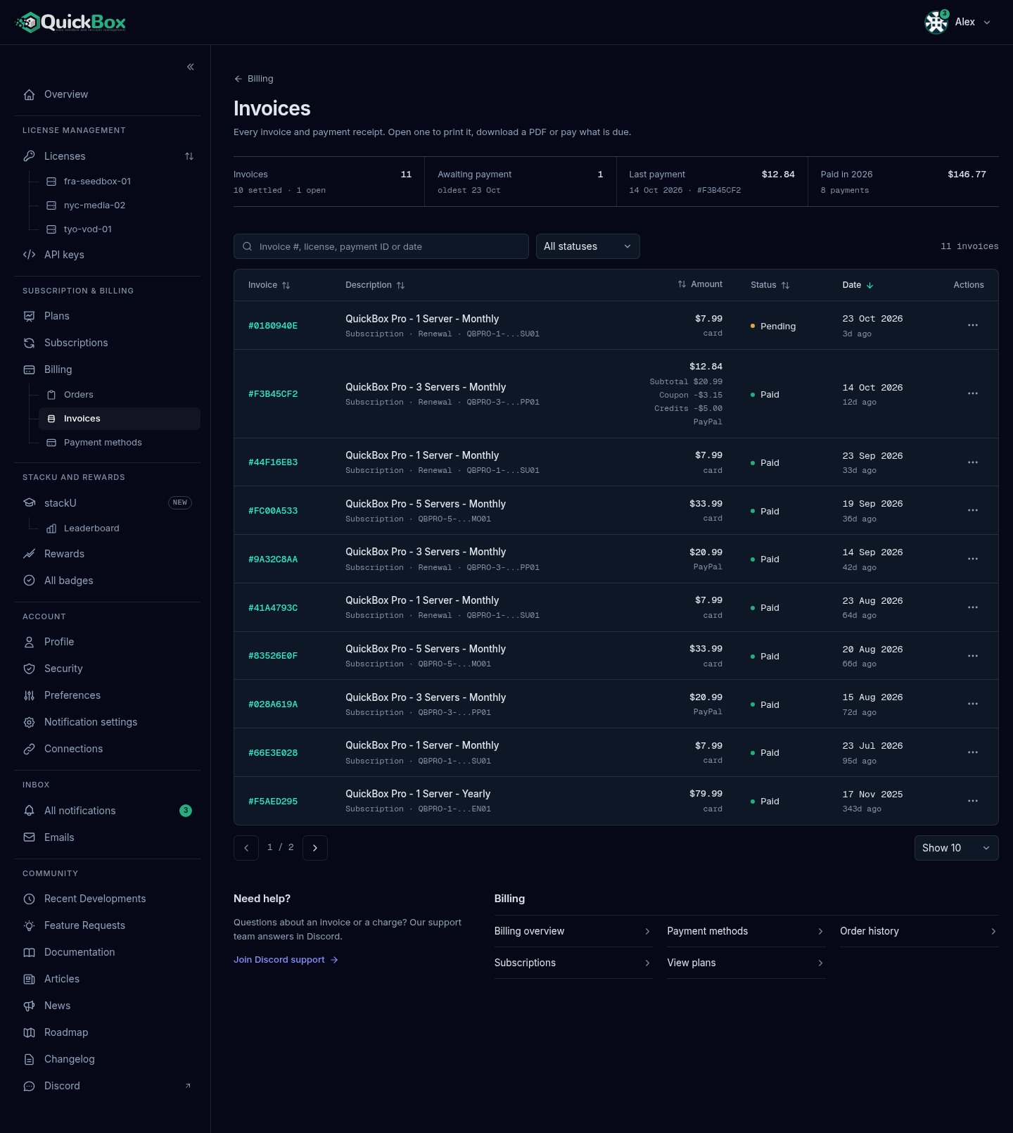 The Invoices page with the Invoices, Awaiting payment, Last payment and Paid readouts, the search box and status filter, and the invoices table with Paid and Pending rows.