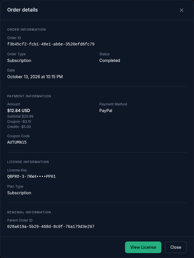 The Order details dialog with the Order Information, Payment Information, License Information and Renewal Information sections and the View License and Close buttons.