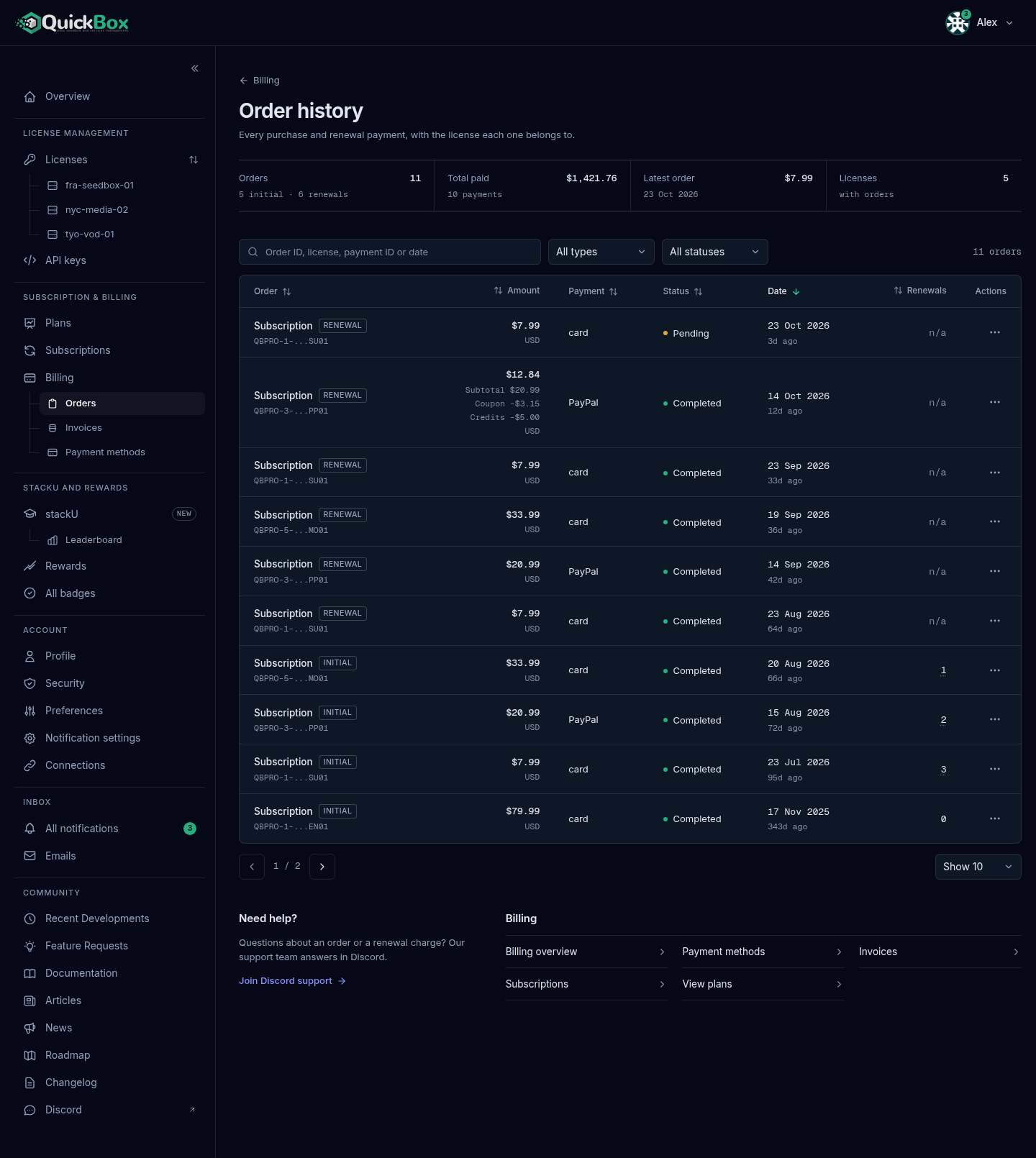 The Order history page with the Orders, Total paid, Latest order and Licenses readouts, the search box and two filters, and the orders table with Initial and Renewal tags.