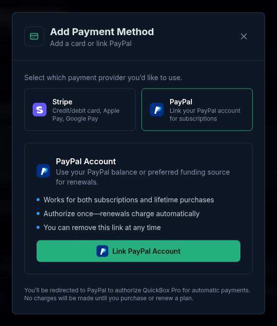 The Add Payment Method dialog with PayPal selected, listing that it works for subscriptions and lifetime purchases, that you authorize once, and the Link PayPal Account button.