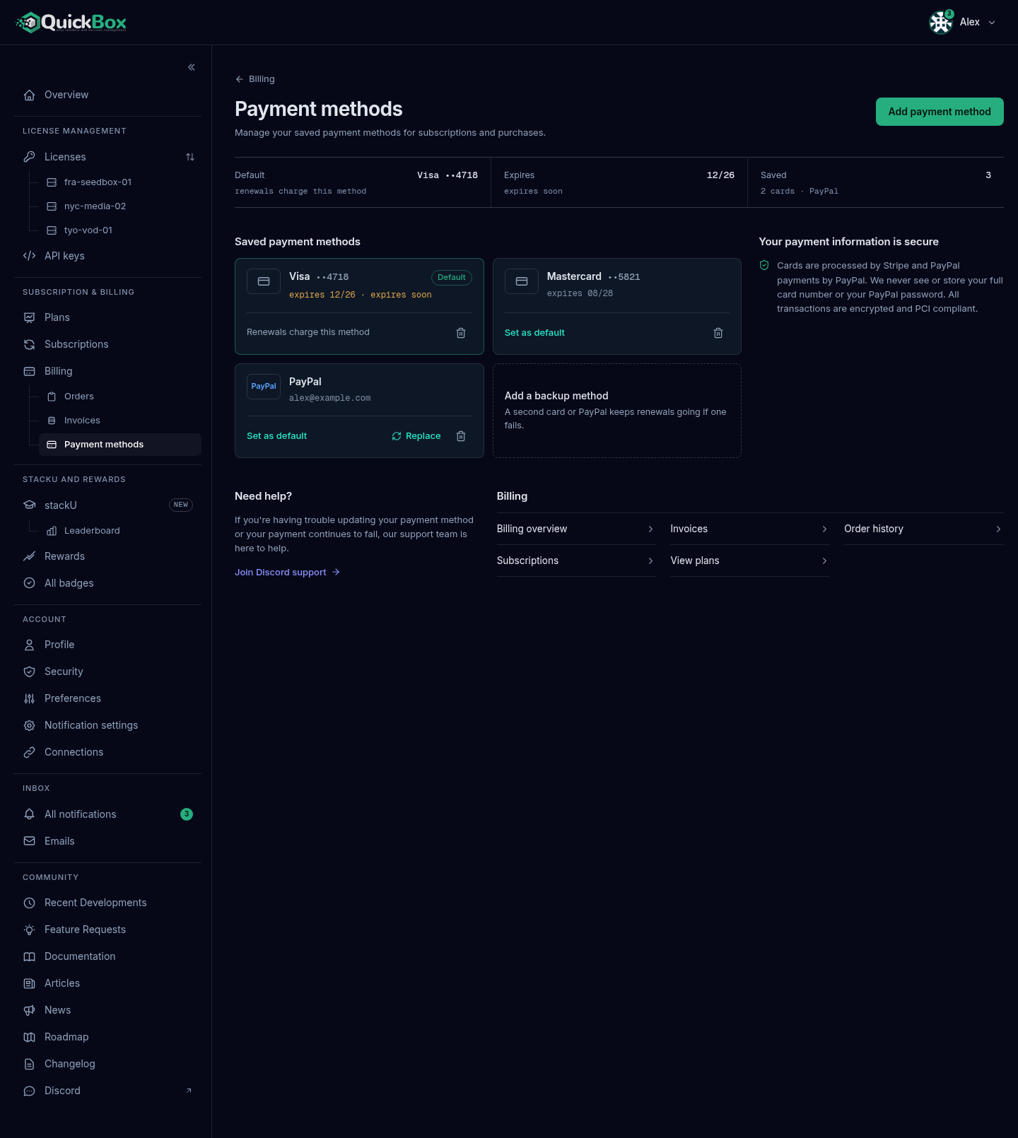 The Payment methods page with the Default, Expires and Saved readouts across the top, a card tile marked Default, a second card tile, a PayPal tile and an Add a backup method tile in the Saved payment methods section, and the security note beside them.