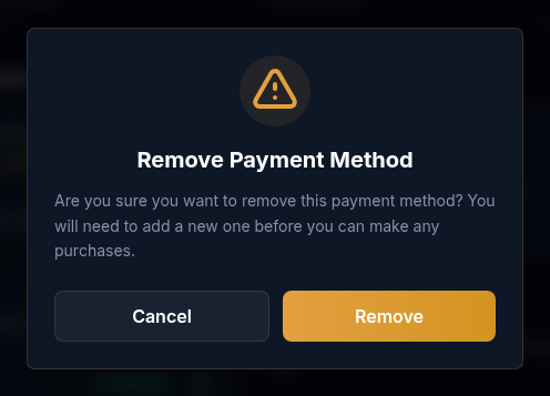 The Remove Payment Method confirmation dialog with the Cancel and Remove buttons.