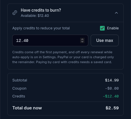 The checkout dialog with the credits row open, showing the Available balance, the Enable checkbox, the amount field and the Use max button.