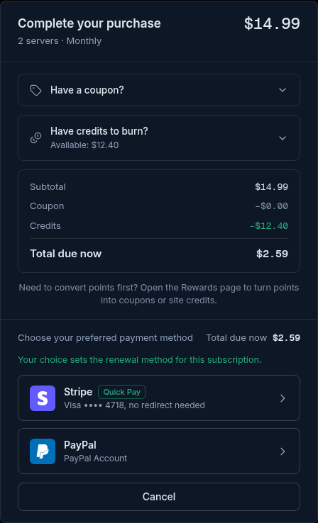 The Complete your purchase dialog for 2 servers monthly at $14.99: the collapsed Have a coupon and Have credits to burn rows, the Subtotal, Coupon, Credits and Total due now lines, and the payment choice with the Stripe row tagged Quick Pay for the saved Visa card and the PayPal row.
