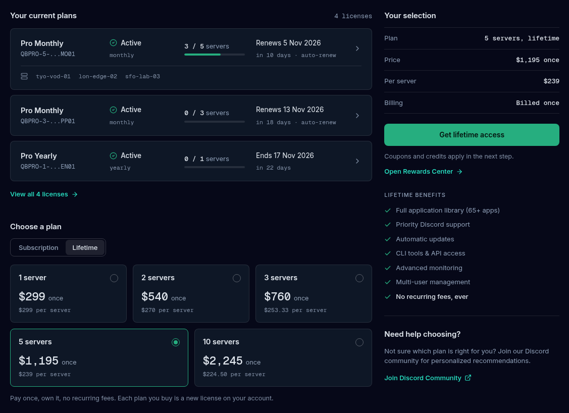 The Plans page with Lifetime selected in the Plan type switch below your current plans, the 5 servers card selected at $1,195 once, and the Your selection panel reading Billed once above the Get lifetime access button.