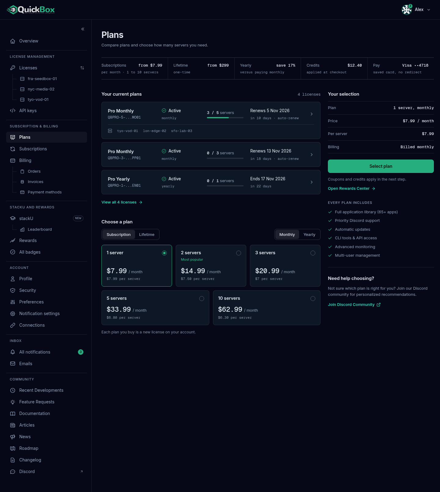The Plans page with the price band across the top, your current plans below it, the plan type and billing cycle switches above the server-count cards, and the Your selection panel on the right.