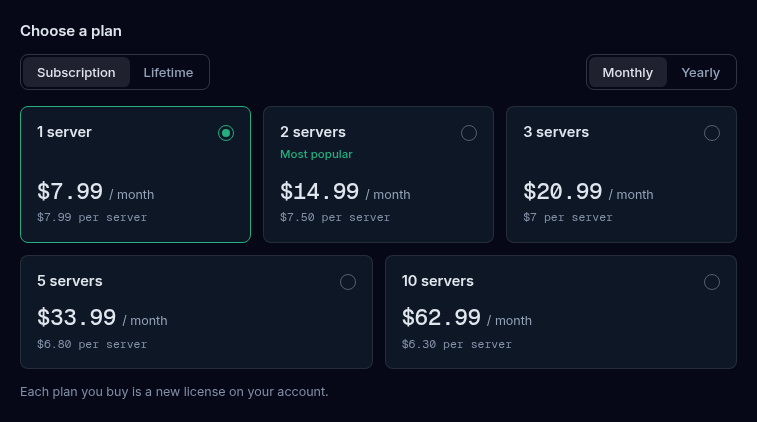 The Choose a plan section with the Subscription and Lifetime switch, the Monthly and Yearly switch, and three server-count cards, one of them selected and tagged Most popular.