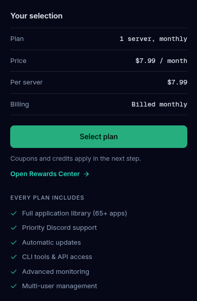 The Your selection panel listing Plan, Price, Per server and Billing, the Select plan button, a note that coupons and credits apply in the next step, and the Every plan includes list.