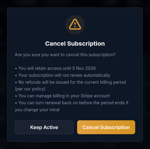 The Cancel Subscription dialog with its list of what cancelling does and the Keep Active and Cancel Subscription buttons.