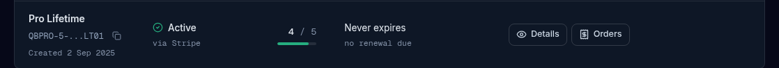 A subscriptions table row for a lifetime license reading Never expires and no renewal due, with only the Details and Orders buttons.