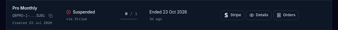 A subscription row with the red Suspended status, an Ended line with the date, and the Stripe, Details and Orders buttons.