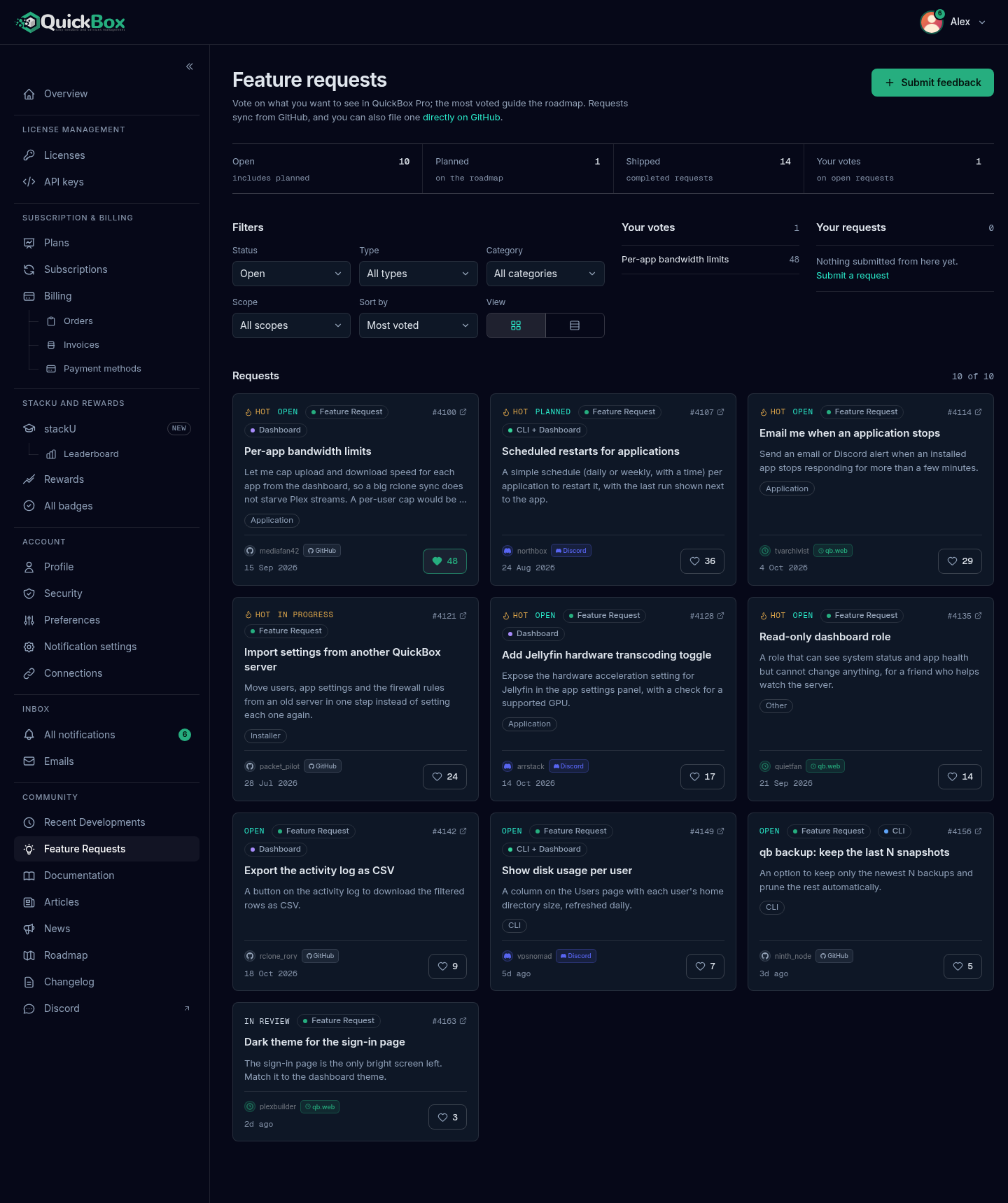 The Feature requests page with the summary band, the Filters section, Your votes and Your requests lists, and a grid of request cards each with a heart vote button