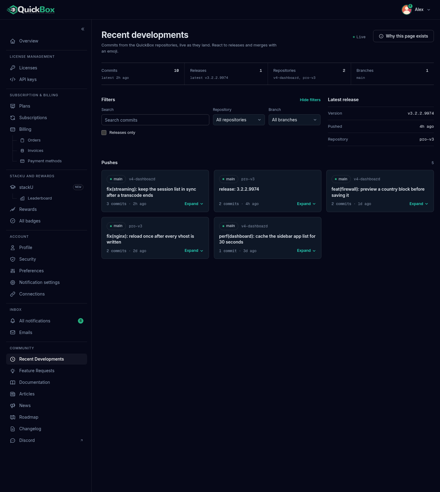 The Recent developments page with the summary band, the Filters section, the latest release panel and a grid of push cards