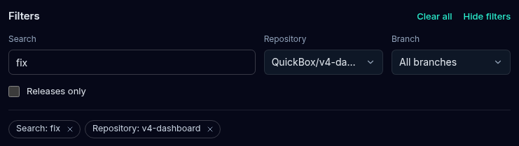 The Filters section with the search box, the repository and branch menus, the Releases only checkbox and two active filter chips