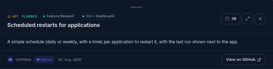 The request detail panel docked at the bottom of the page with the status and label chips, the title, the vote count, the detach and close buttons, the description, the submitter and a View on GitHub button