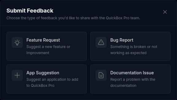 The Submit Feedback dialog showing the four choices: Feature Request, Bug Report, App Suggestion and Documentation Issue