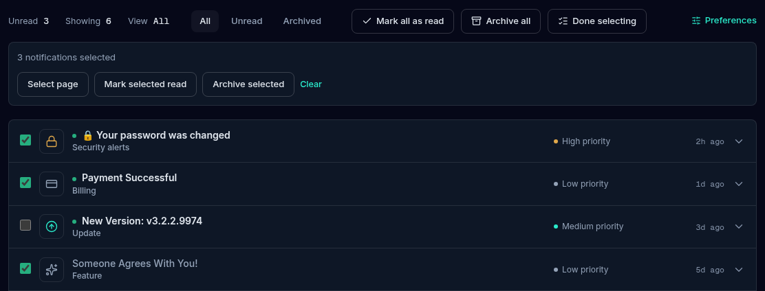 The Notifications tab in selection mode with checkboxes on each row and a panel reading 3 notifications selected with Select page, Mark selected read, Archive selected and Clear buttons.