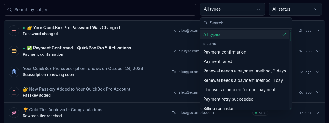 The Email History filter row with the Search by subject box, the Email type list open with its own search box, All types ticked and the Billing group of email types, and the Status select.