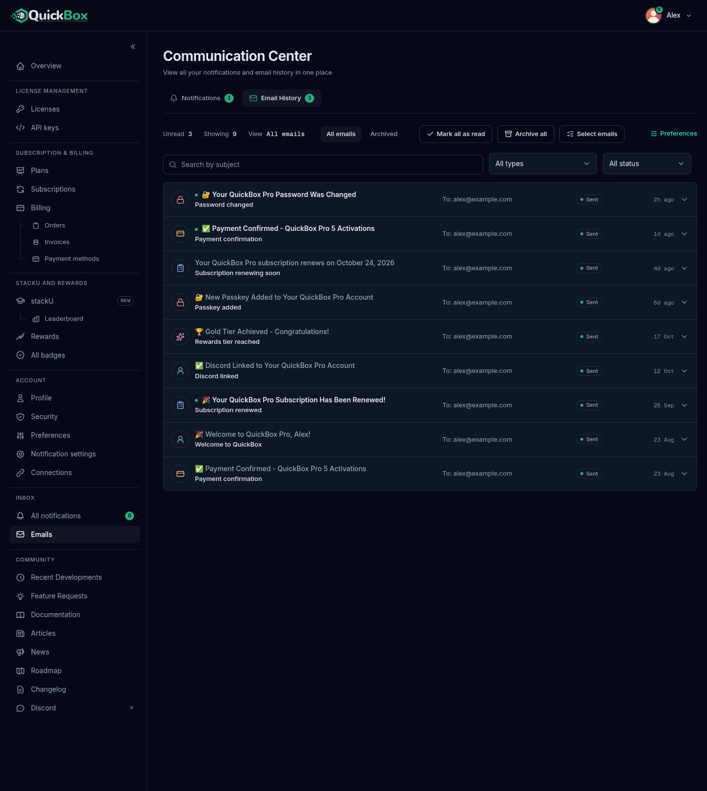 The Communication Center page on the Email History tab with the Email history toolbar, a search box, the Email type and Status selects, and a list of emails each showing subject, type, recipient, status and age.