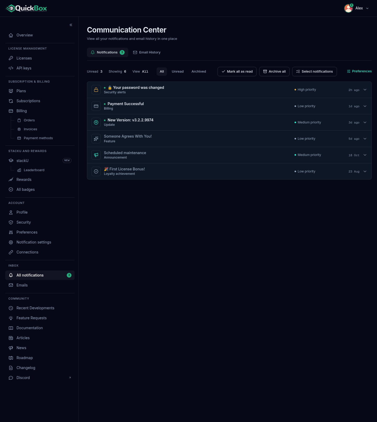 The Communication Center page on the Notifications tab, with the Inbox toolbar showing Unread, Showing and View readouts, the All, Unread and Archived filter, the Mark all as read, Archive all and Select notifications buttons, and a list of notification rows below.