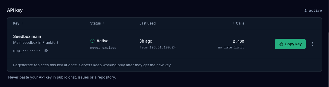 The API key section of the Licenses page: a heading with an active count, a table with Key, Status, Last used and Calls columns, a key name with its description and a masked key with an eye button, and a Copy key button with a three-dot menu on the row.