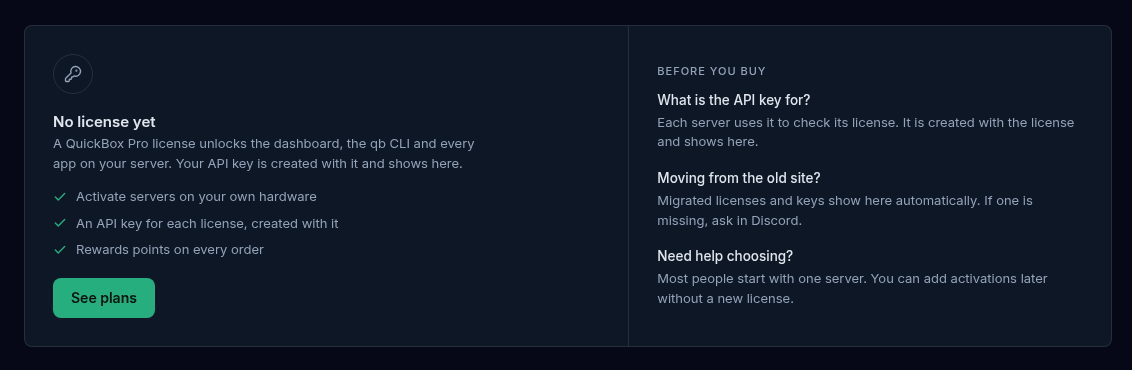 The Licenses page for an account with no license: a card titled No license yet with three benefits and a See plans button, and a Before you buy column with three short answers.